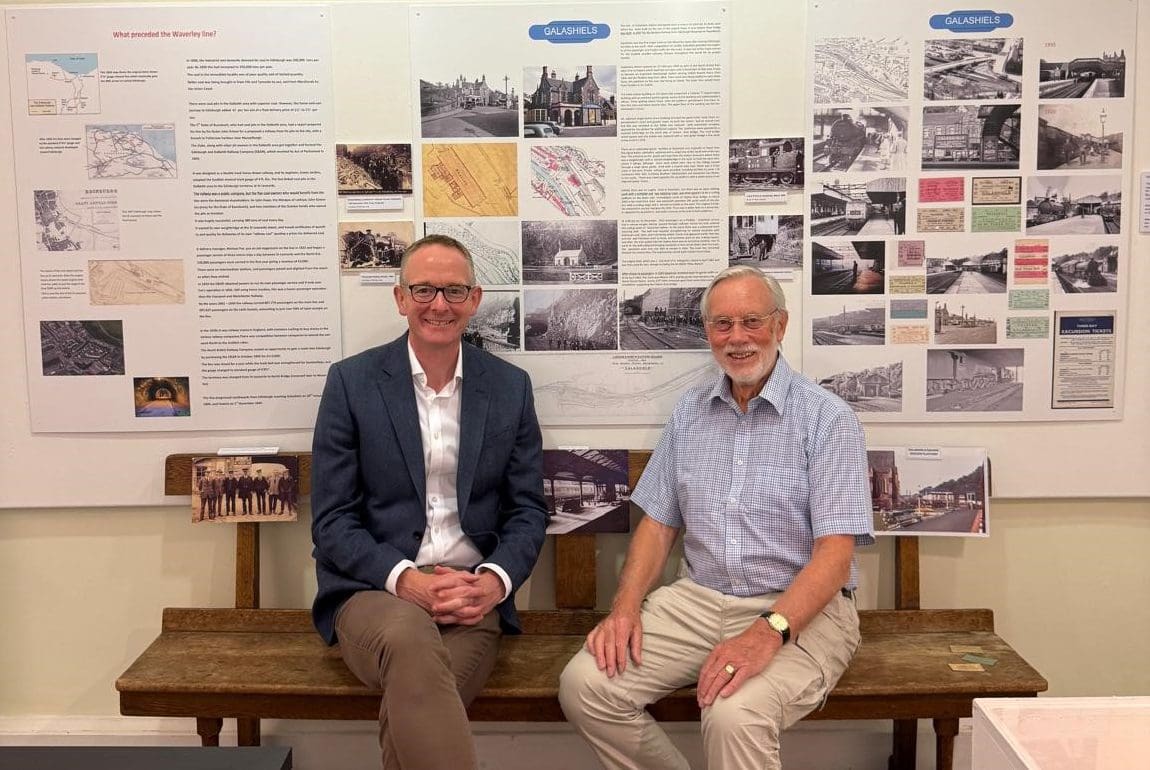 Robert McKendrick from Old Gala Club with MP John Lamont at teh exhibition The Old Gala Club Goes by Train